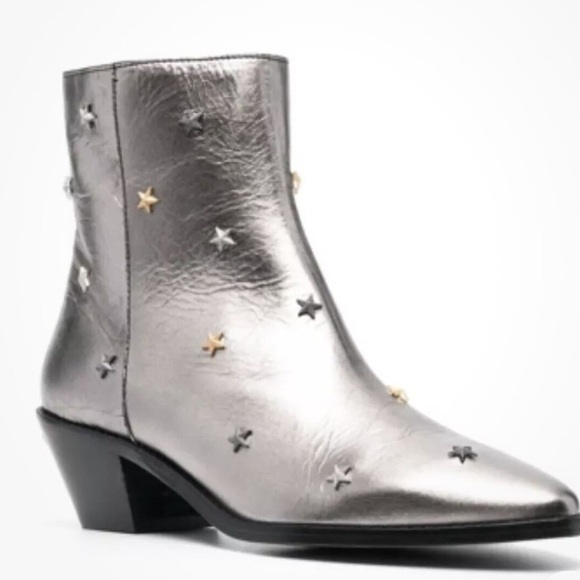 NIB Zadig & Voltaire Tyler Vintage Metallic Silver Star Ankle Boots Leather 41 - Picture 3 of 16
